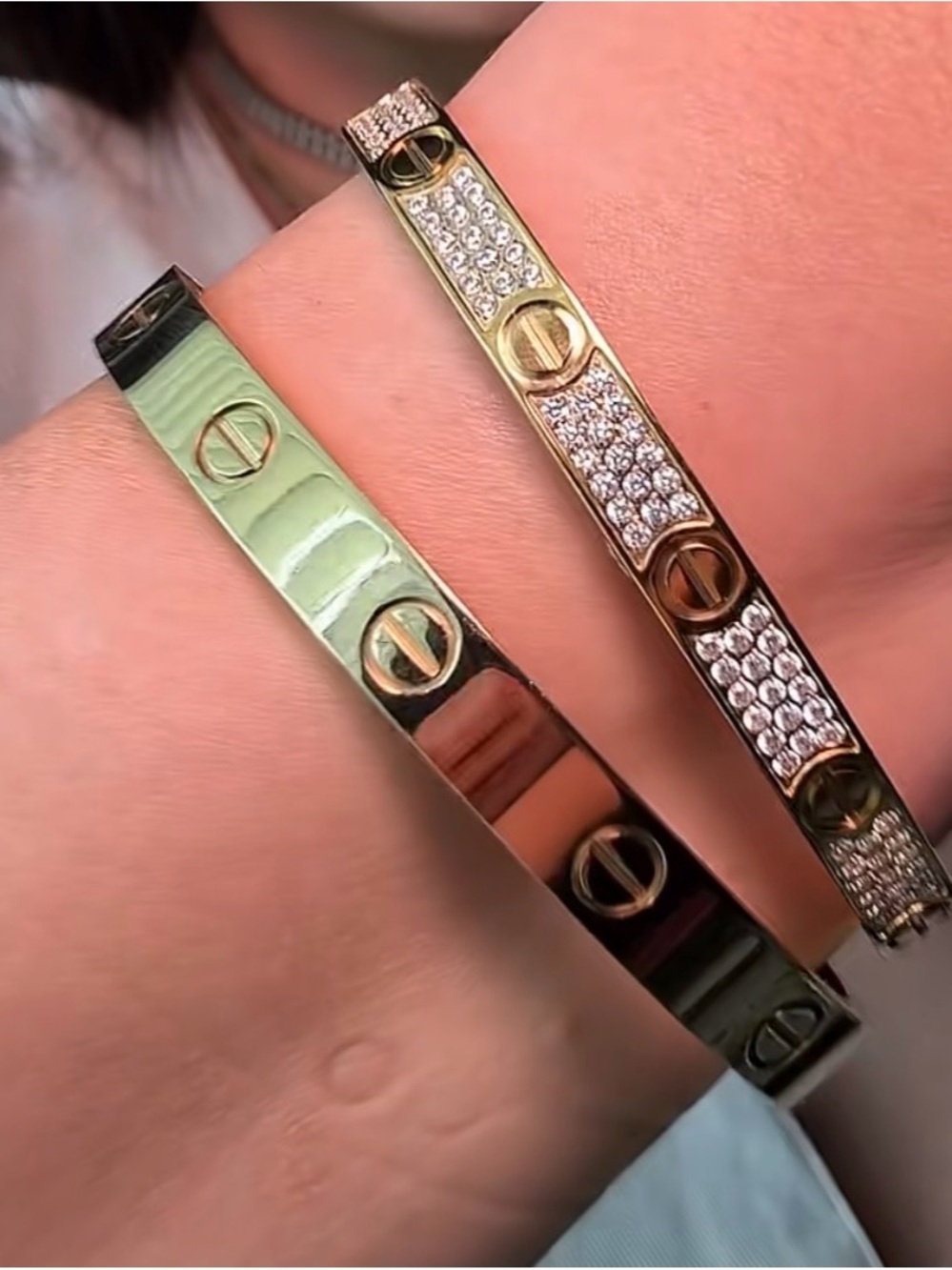Cartier Gold and Rose Gold Love Bracelets with Pavé Crystals